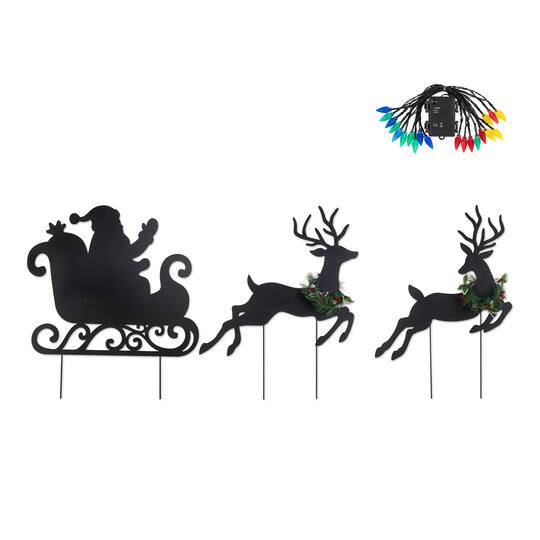 Glitzhome® 36" Set of 3 Christmas Lighted Metal Reindeer & Santa Sleigh Yard Stake with Timer